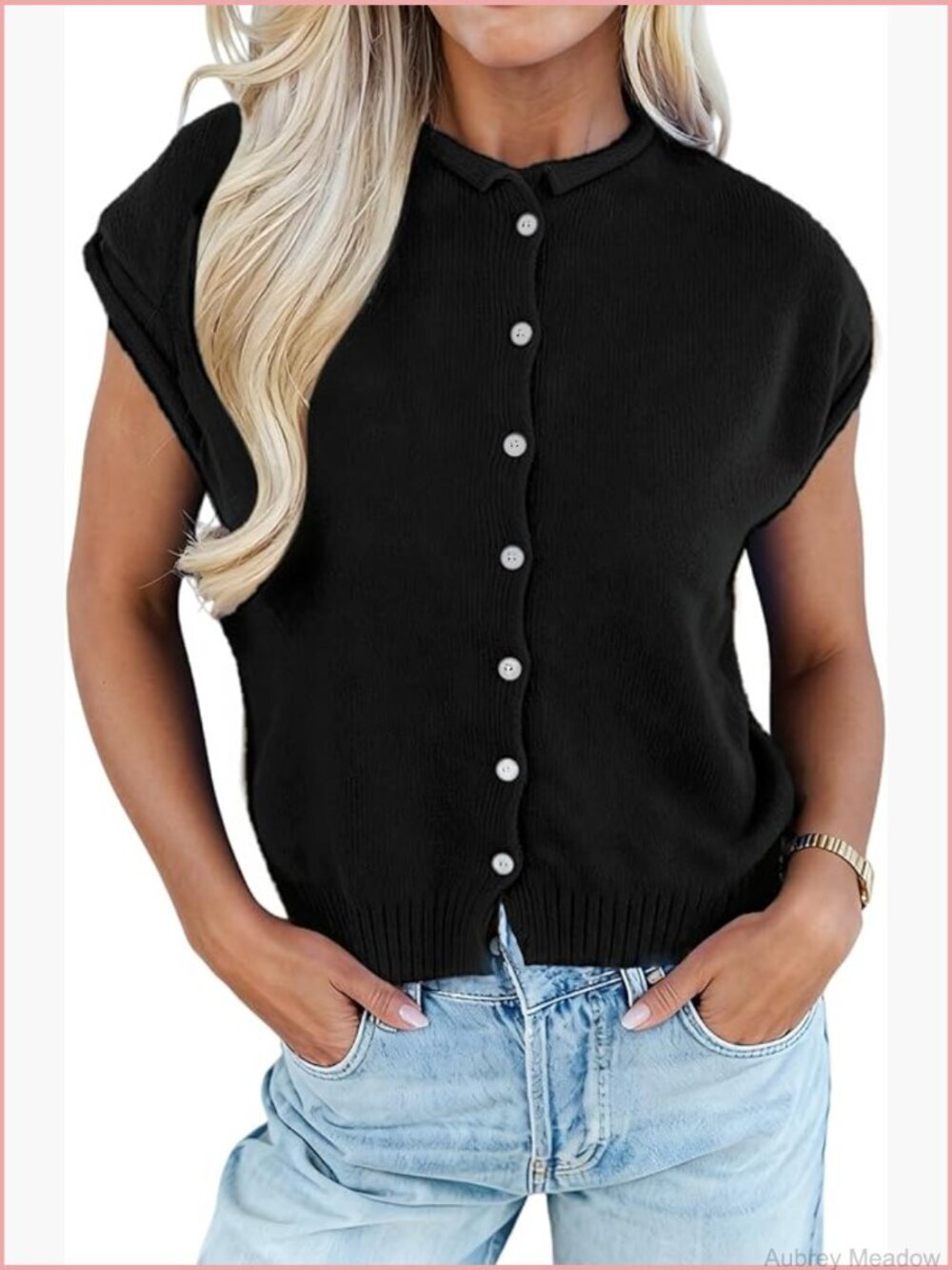 Rolled Cap Sleeve Knit Top Button Front Lightweight Sweater Shirt